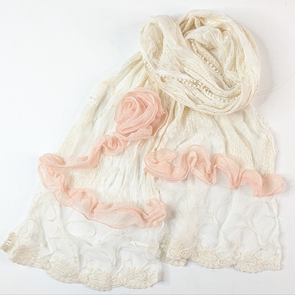 Beautiful Vintage Style Scarf Vanilla Lace Soft Pastel Rose Floral Romantic Chic